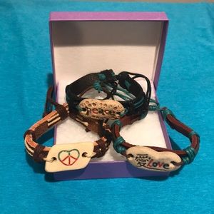 Bracelet, Peace,Love and Peace sign, sold pkg of 3